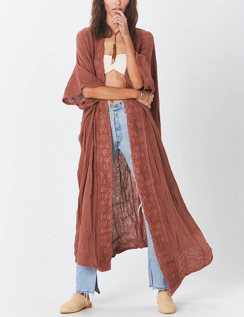 Bsubseach Embroidery Bathing Suit Cover Ups for Women Half Sleeve Beach Kimono Swimsuit Coverup Rusty Red - Image 3