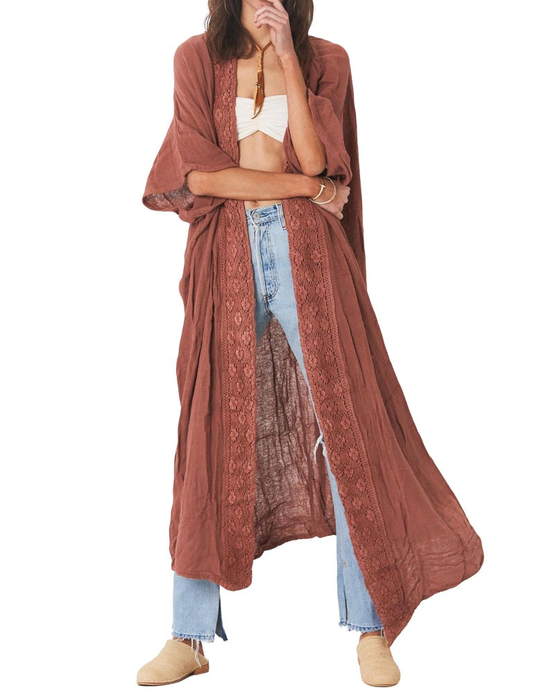 Bsubseach Embroidery Bathing Suit Cover Ups for Women Half Sleeve Beach Kimono Swimsuit Coverup Rusty Red - Image 1
