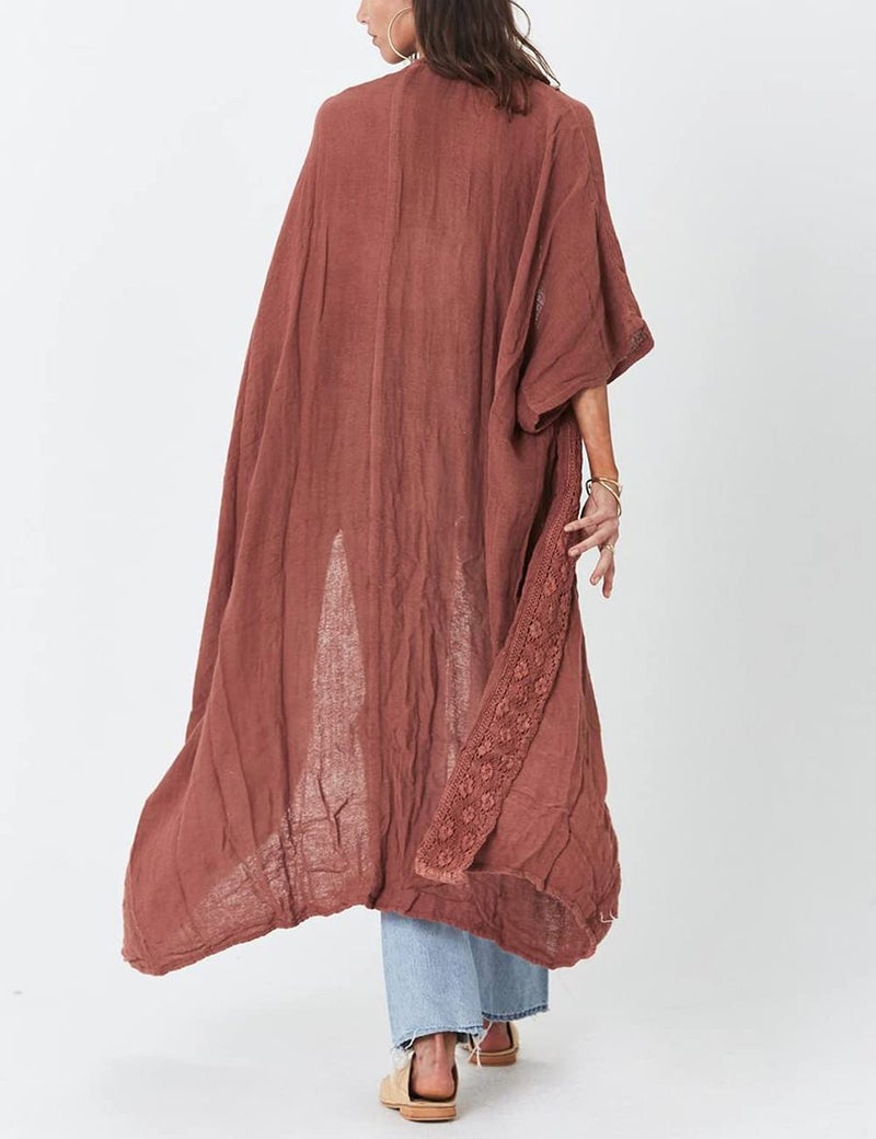 Bsubseach Embroidery Bathing Suit Cover Ups for Women Half Sleeve Beach Kimono Swimsuit Coverup Rusty Red - Image 2