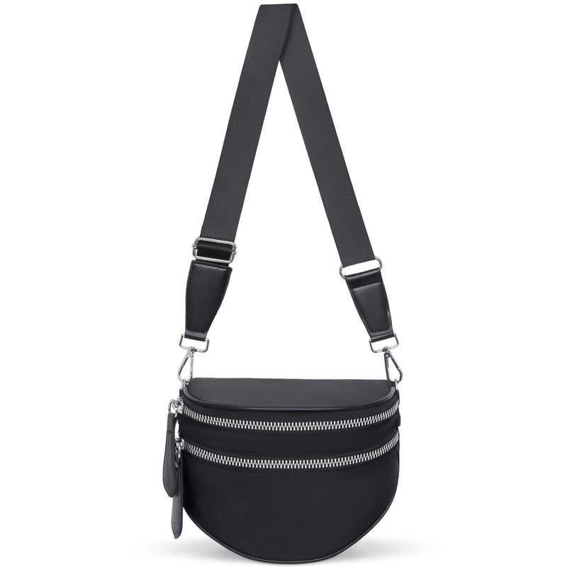 Toptime Nylon Crossbody Bags for Women, Black Bum Bag with Wide Adjustable Strap, Trendy Crescent Shoulder Bag with Two Zippered Compartments, Large Capacity Fanny Pack for Travel Shopping Dating - Image 1