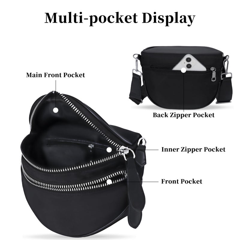 Toptime Nylon Crossbody Bags for Women, Black Bum Bag with Wide Adjustable Strap, Trendy Crescent Shoulder Bag with Two Zippered Compartments, Large Capacity Fanny Pack for Travel Shopping Dating - Image 5