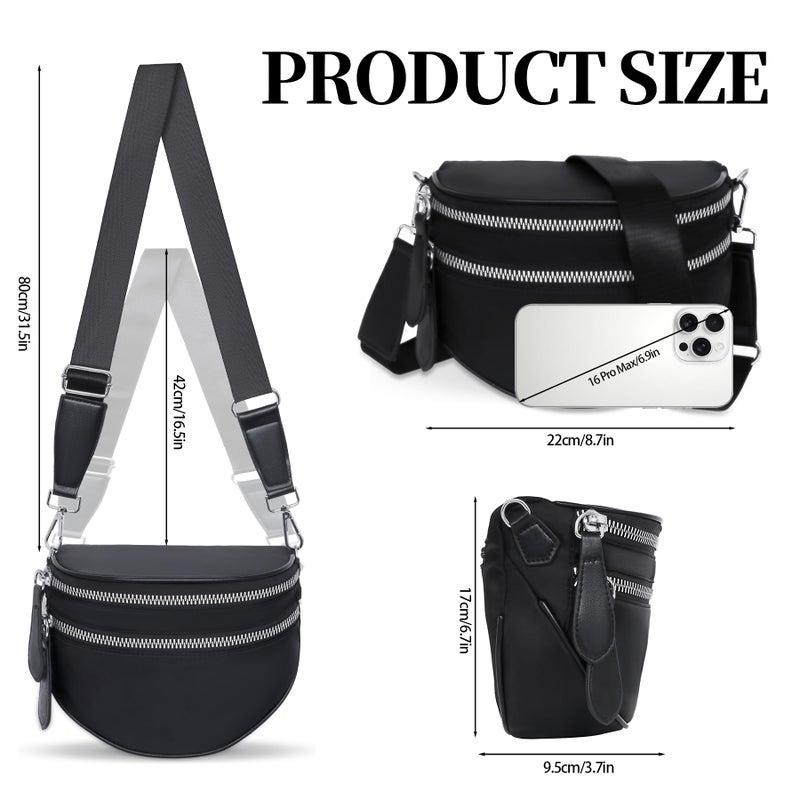 Toptime Nylon Crossbody Bags for Women, Black Bum Bag with Wide Adjustable Strap, Trendy Crescent Shoulder Bag with Two Zippered Compartments, Large Capacity Fanny Pack for Travel Shopping Dating - Image 3