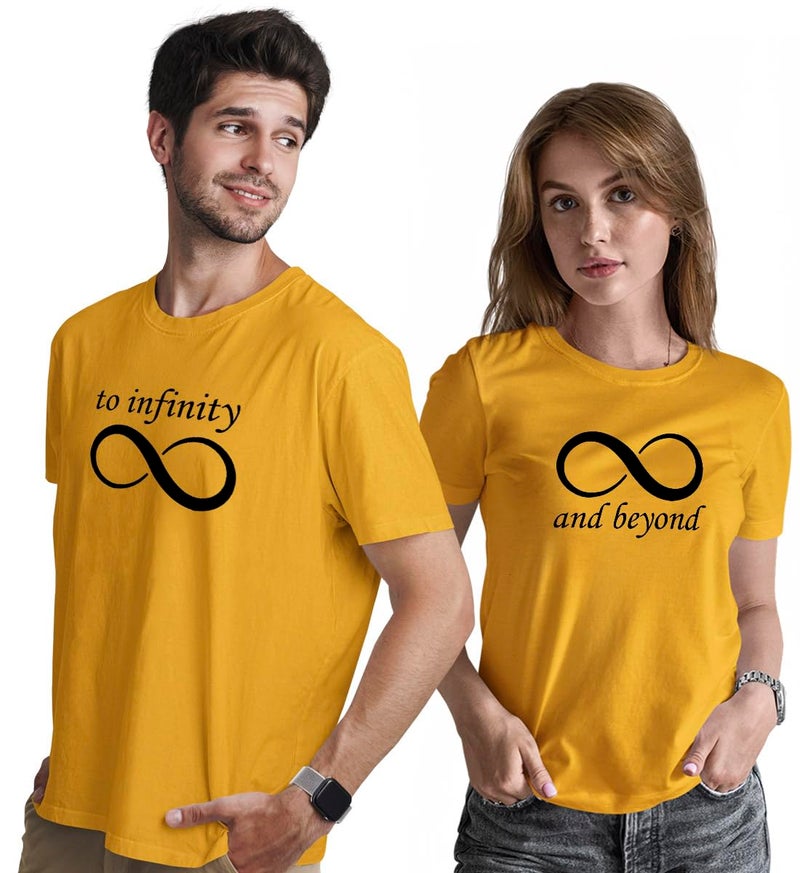 INDISSH Couple Matching T-Shirt Combo | Round Neck 100% Cotton Tshirt for Men and Women - CPL_RNM-Infinity-MST-L_WRN-ANDBEYOND-MST-M Mustard - Image 1