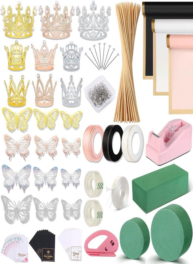 Majreey Floral Wrapping Paper Kit, 60Sheet Waterproof Floral Paper, 3Rolls Ribbon for Flower Bouquet, 2Rolls Transparent Tape,100Pcs Flower Pins, 48Pcs 3D Butterflies, 9Pcs Crowns 3 Floral Foam Blocks - Image 1