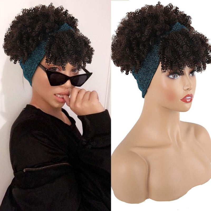 Aisaide Headband Wigs for Black WomenSynthetic Short Afro Kinky Curly Wigs Dark Brown Wig with Bangs Wrap 2 in 1 Turban Wig