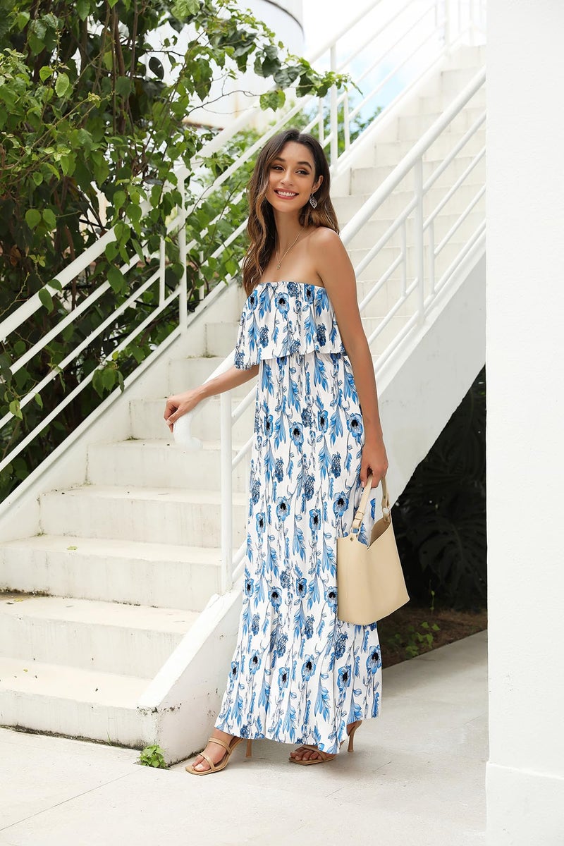 ZMPSIISA Women's Summer Off The Shoulder Maxi Dress Ruffle Strapless Blue White Porcelain Boho Casual Loose Long Dresses(A-Light Blue Flower,Small) - Image 3