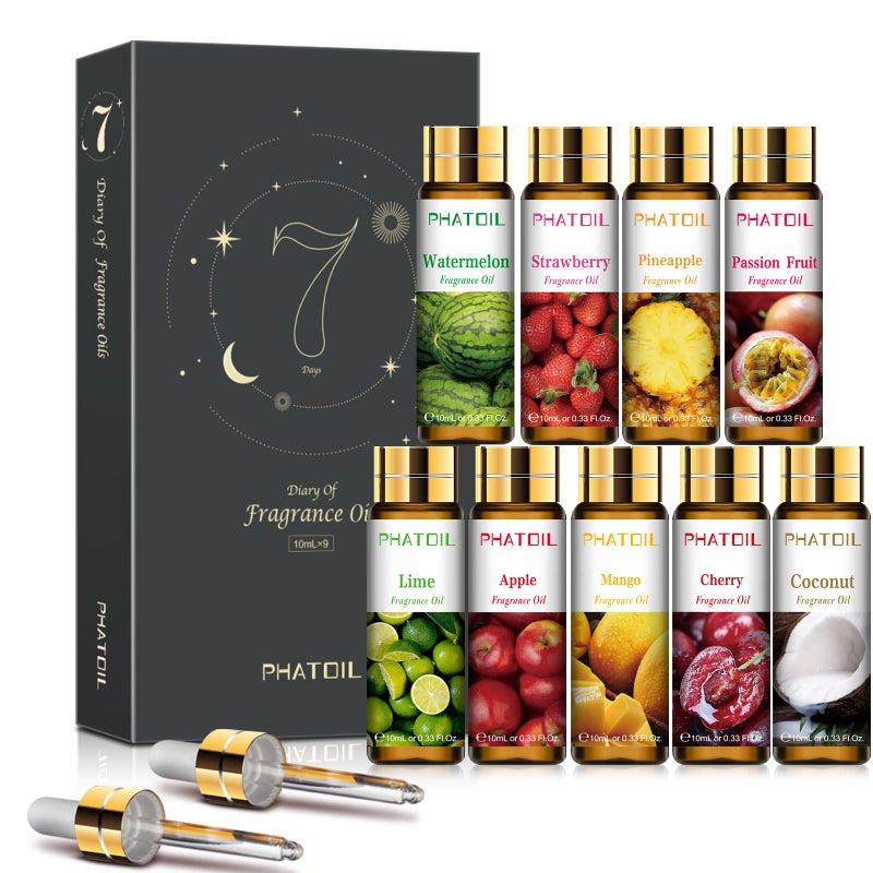 PHATOIL 9PCS Fruity Essential Oils Gift Set, 10ml/0.33fl.oz Fragrance Oils for Soap, DIY Candle, Bath Bombs Making, Fruit Scented Oils for Diffusers for Home - Image 1