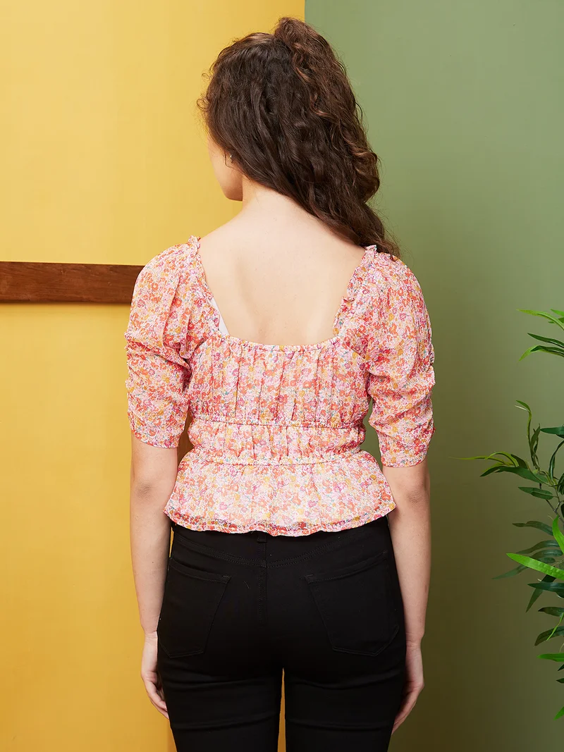 globus Women Orange Floral Printed Sweetheart Neck Puff Sleeve Georgette Opaque Casual Top