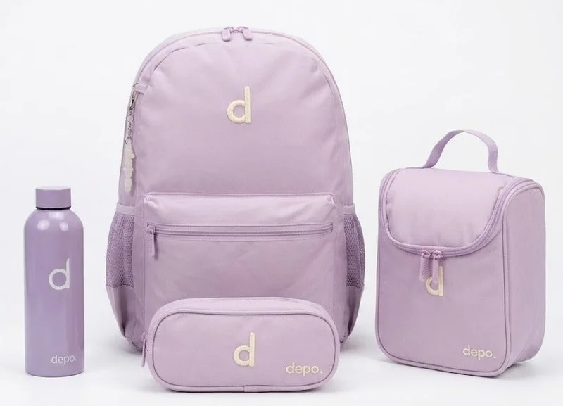 Depo DEPO Premium 4-Piece School Backpack Set – 44cm Water-Resistant Backpack with Insulated Lunch Bag, Pencil Case & Reusable Water Bottle | 22L Capacity | Lightweight | Purple