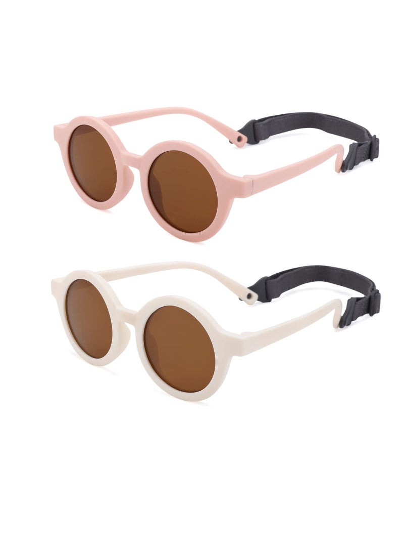 Excefore Cute Round Polarized Baby Sunglasses with Adjustable TPEE Strap, Flexible Rubber for Toddler Newborn Ages 0-36 Months, 2 Pcs, Beige, Pink  - Image 1
