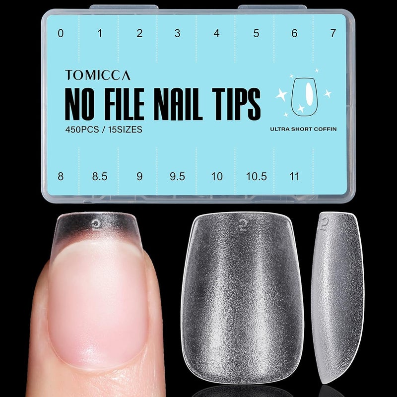 TOMICCA Extra Short Coffin Nail Tips, 450Pcs Full Cover Soft Acrylic Fake Gel Nail Tips for Nail Extension, 15 Sizes Pre-shaped Double-sided Matte with Box