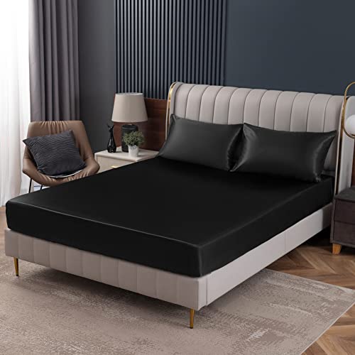 Homiest Black Satin Fitted Sheet Queen Size Deep Pocket Luxury  Ultra Soft Bedding