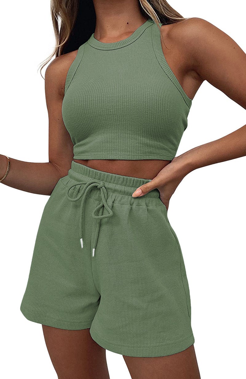 2024 Summer Waffle Knit Sleeveless Casual Womens Two-Piece Set Light green 