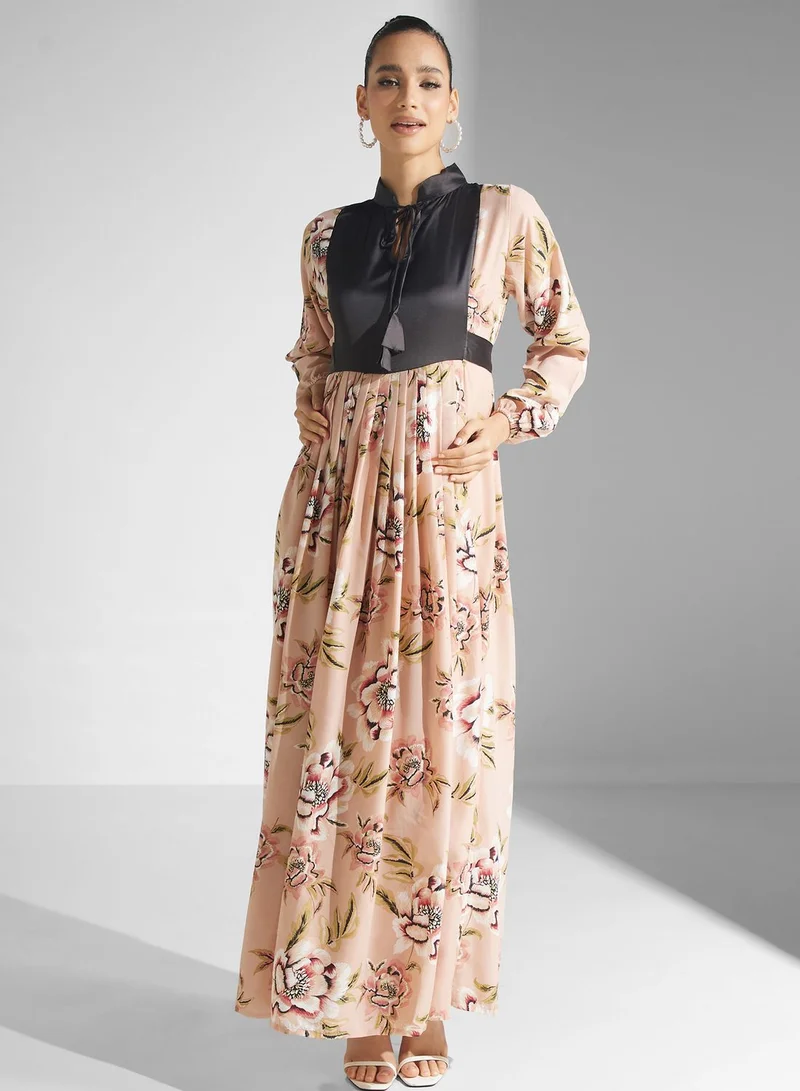 Golden Apple Floral Print Puff Sleeve Jalabiya