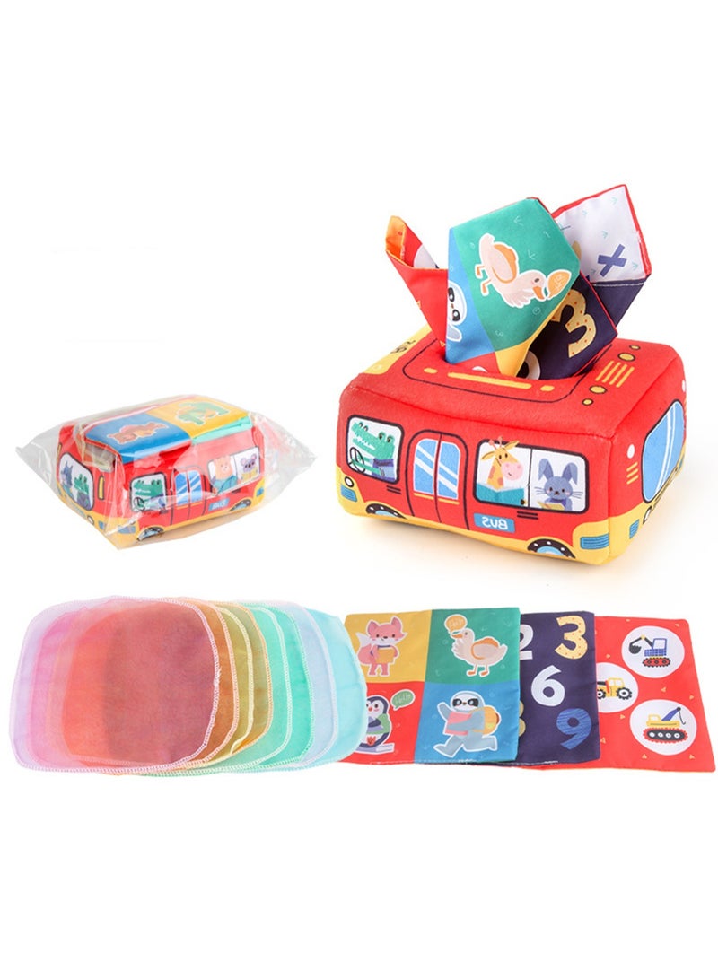Baby Early Education Cloth Book Tissue Box Sound Paper Square Towel Cognitive Animal English Tear-resistant Children's Cloth Book Toy, 3 Square Towels + 8 Silk Scarves (Car type)  - Image 1