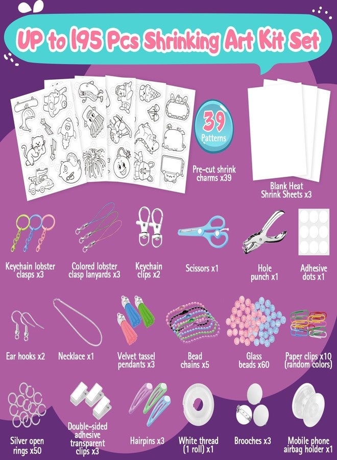Edulok 195 Pcs Shrink Plastic Kit with 39 Pre-Cut Patterns,3 Blank Shrink Plastic Sheets,Punch,Scissors,Keychains Lanyards,Tassels,Keychain Making Kit,Shrinky Art Charms,Shrinking Paper Craft Kits DIY Gifts - Image 4