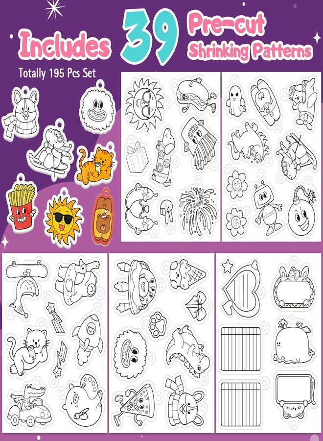 Edulok 195 Pcs Shrink Plastic Kit with 39 Pre-Cut Patterns,3 Blank Shrink Plastic Sheets,Punch,Scissors,Keychains Lanyards,Tassels,Keychain Making Kit,Shrinky Art Charms,Shrinking Paper Craft Kits DIY Gifts - Image 3