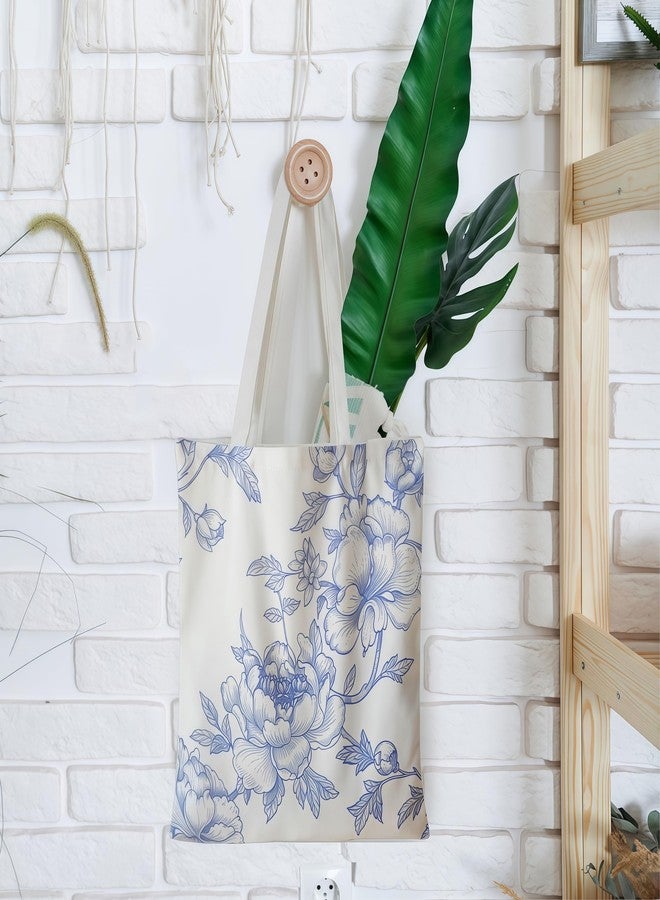 Kuabiz Floral Canvas Tote Bag for Women Chinoiserie Tote Bag Aesthetic Reusable Grocery Bags for Travel Shopping, Blue - Image 3