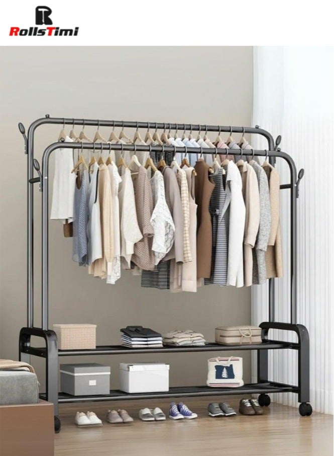 RollsTimi  3-in-1 Design Coat Stand, Coat Rack Freestanding with 2-Tier Shoe Stand, Multifunctional Rolling Hanger Rack for Room Bedroom Hallway Entryway，Black - Image 1
