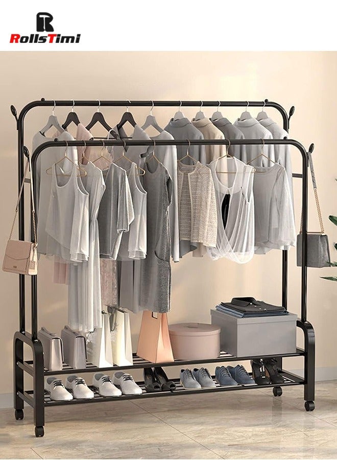 RollsTimi  3-in-1 Design Coat Stand, Coat Rack Freestanding with 2-Tier Shoe Stand, Multifunctional Rolling Hanger Rack for Room Bedroom Hallway Entryway，Black - Image 2