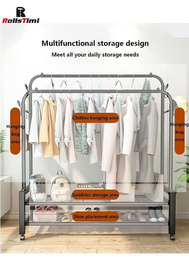 RollsTimi  3-in-1 Design Coat Stand, Coat Rack Freestanding with 2-Tier Shoe Stand, Multifunctional Rolling Hanger Rack for Room Bedroom Hallway Entryway，Black - Image 4