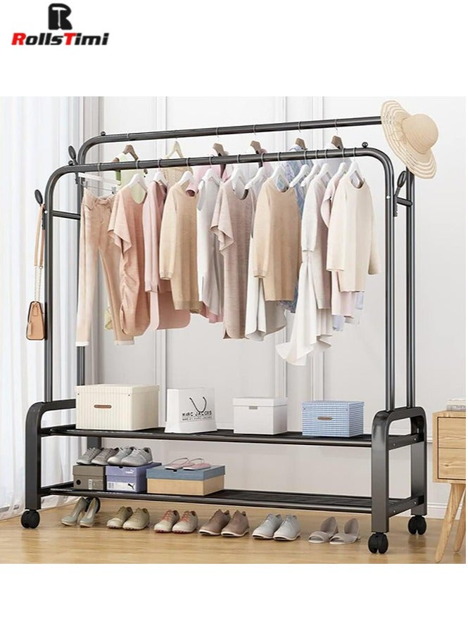 RollsTimi  3-in-1 Design Coat Stand, Coat Rack Freestanding with 2-Tier Shoe Stand, Multifunctional Rolling Hanger Rack for Room Bedroom Hallway Entryway，Black - Image 3
