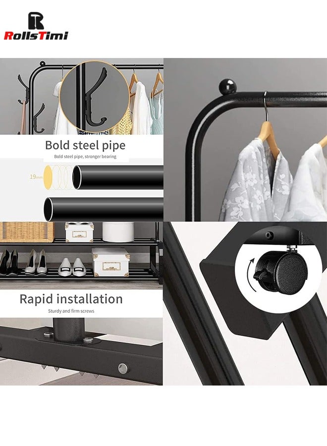 RollsTimi  3-in-1 Design Coat Stand, Coat Rack Freestanding with 2-Tier Shoe Stand, Multifunctional Rolling Hanger Rack for Room Bedroom Hallway Entryway，Black - Image 5