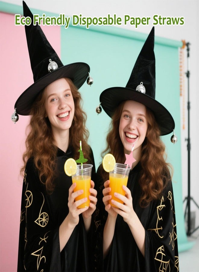 Bafeil 24pcs Wicked Party Favors Witch Disposable Paper Straws - Wizard Themed Crazy Straws, Pink and Green with Hat and Star Designs for Birthday Party Decorations, Halloween, Parties - Image 4