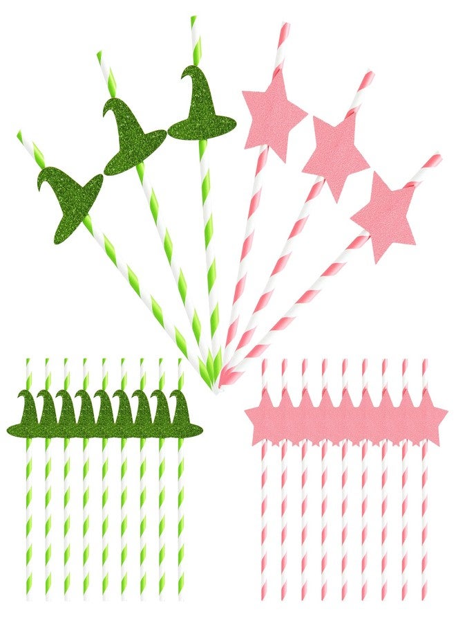 Bafeil 24pcs Wicked Party Favors Witch Disposable Paper Straws - Wizard Themed Crazy Straws, Pink and Green with Hat and Star Designs for Birthday Party Decorations, Halloween, Parties - Image 1