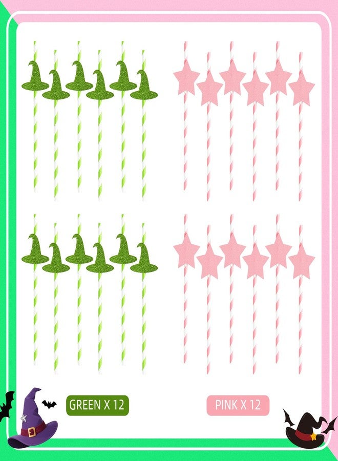Bafeil 24pcs Wicked Party Favors Witch Disposable Paper Straws - Wizard Themed Crazy Straws, Pink and Green with Hat and Star Designs for Birthday Party Decorations, Halloween, Parties - Image 5