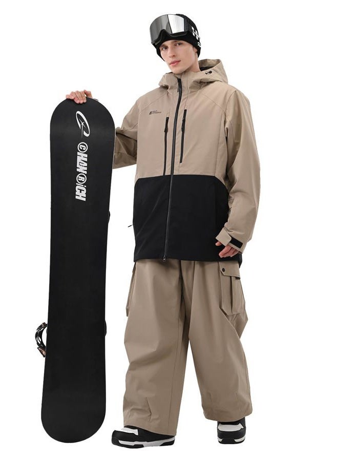 HIGH EXPERIENCE Mens Ski Jacket Snowboard 3L Coat Baggy Waterproof Windproof Warm Insulated Snow Winter Hooded, Khaki Black, M - Image 3