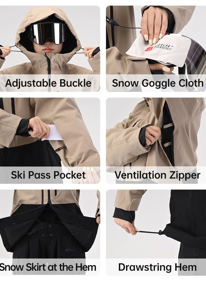 HIGH EXPERIENCE Mens Ski Jacket Snowboard 3L Coat Baggy Waterproof Windproof Warm Insulated Snow Winter Hooded, Khaki Black, M - Image 5