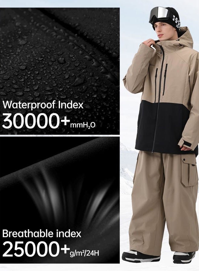 HIGH EXPERIENCE Mens Ski Jacket Snowboard 3L Coat Baggy Waterproof Windproof Warm Insulated Snow Winter Hooded, Khaki Black, M - Image 4