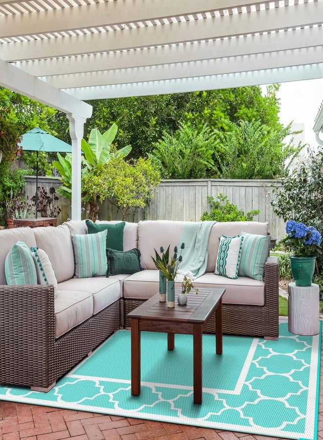 GENIMO 5 ' x 8 ' Outdoor Rug for Patio Clearance, Waterproof Indoor Outdoor Plastic Straw Rugs Carpet, Reversible Outside Area Mat for Camping, Balcony Porch, Deck, Picnic, Beach Aqua Blue & White - Image 2