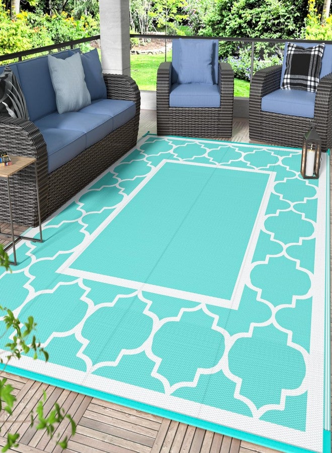 GENIMO 5 ' x 8 ' Outdoor Rug for Patio Clearance, Waterproof Indoor Outdoor Plastic Straw Rugs Carpet, Reversible Outside Area Mat for Camping, Balcony Porch, Deck, Picnic, Beach Aqua Blue & White - Image 1