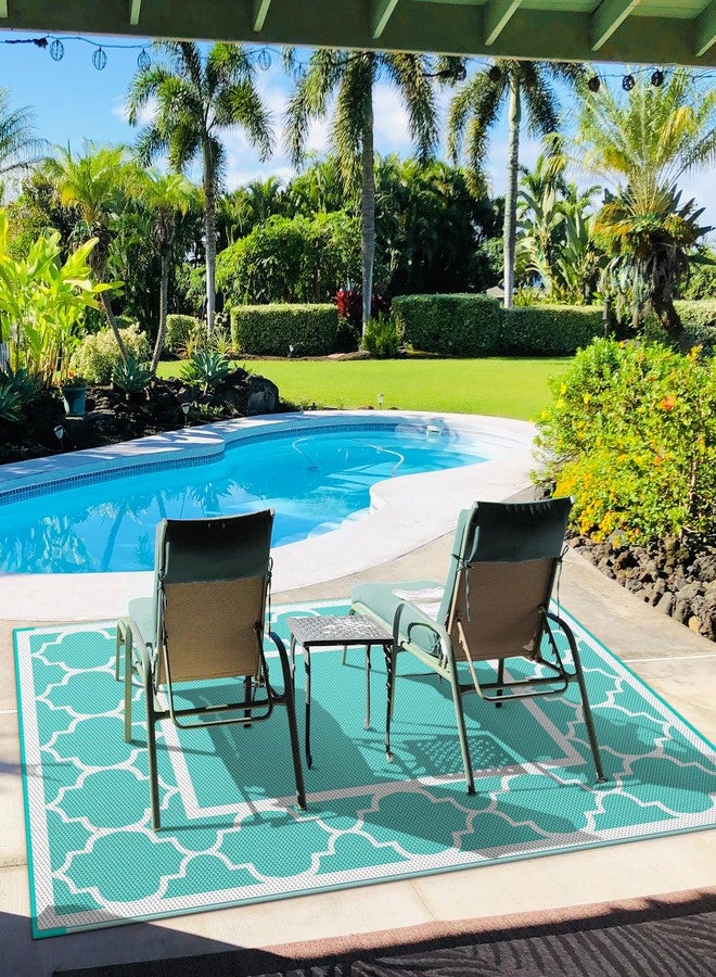 GENIMO 5 ' x 8 ' Outdoor Rug for Patio Clearance, Waterproof Indoor Outdoor Plastic Straw Rugs Carpet, Reversible Outside Area Mat for Camping, Balcony Porch, Deck, Picnic, Beach Aqua Blue & White - Image 4