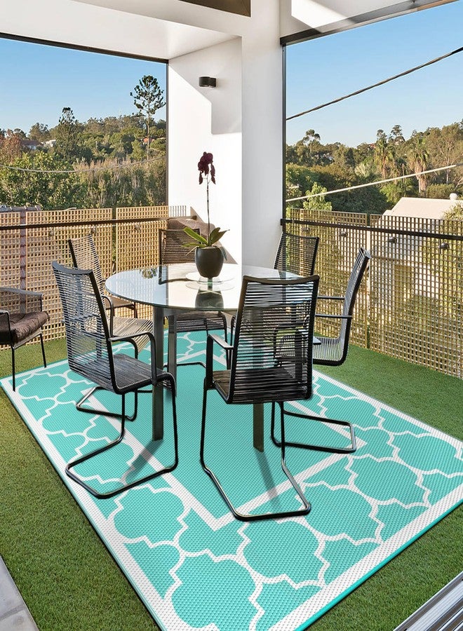 GENIMO 5 ' x 8 ' Outdoor Rug for Patio Clearance, Waterproof Indoor Outdoor Plastic Straw Rugs Carpet, Reversible Outside Area Mat for Camping, Balcony Porch, Deck, Picnic, Beach Aqua Blue & White - Image 3