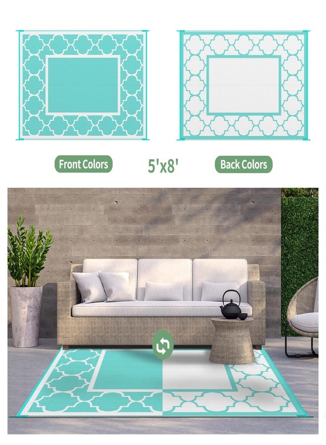 GENIMO 5 ' x 8 ' Outdoor Rug for Patio Clearance, Waterproof Indoor Outdoor Plastic Straw Rugs Carpet, Reversible Outside Area Mat for Camping, Balcony Porch, Deck, Picnic, Beach Aqua Blue & White - Image 5
