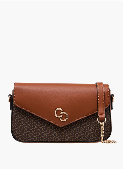 Women's Monogram Print Crossbody Bag with Chain Strap and Button Closure