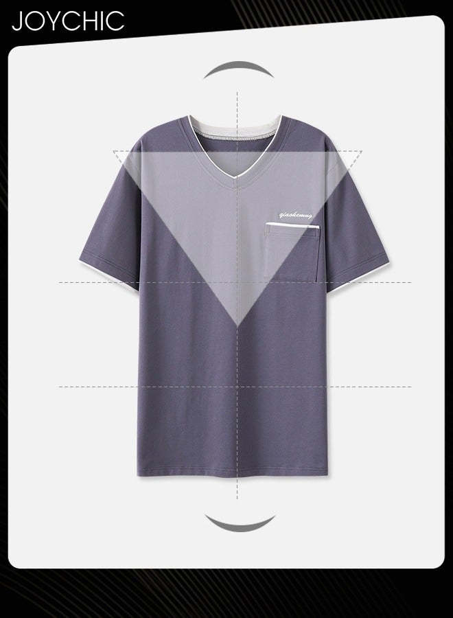Joychic 3-piece Classic Spring and Autumn Pajamas Set for Men Modal Skin-friendly Short-sleeved Trousers Sleepwear Cotton Silk V Neck Home Clothes with Pockets Grey - Image 4