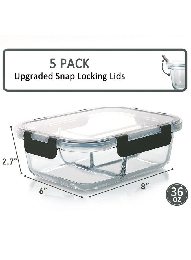 M MCIRCO M MCIRCO [5-Pack, 36 oz] Glass Meal Prep Containers 3 Compartment with Lids, Glass Lunch Containers,Food Prep Lunch Box,Bento Box,Microwave, Oven, Freezer, Dishwasher (4.5 Cups)  - Image 2