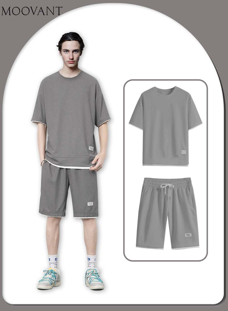 Moovant 2Pcs Men's Casual Short Sleeve Tracksuit, Summer T Shirt & Shorts Set, Waffle Sports Suit, Athletic Matching Set with Pockets, Clothes Set for Man, Grey  - Image 1