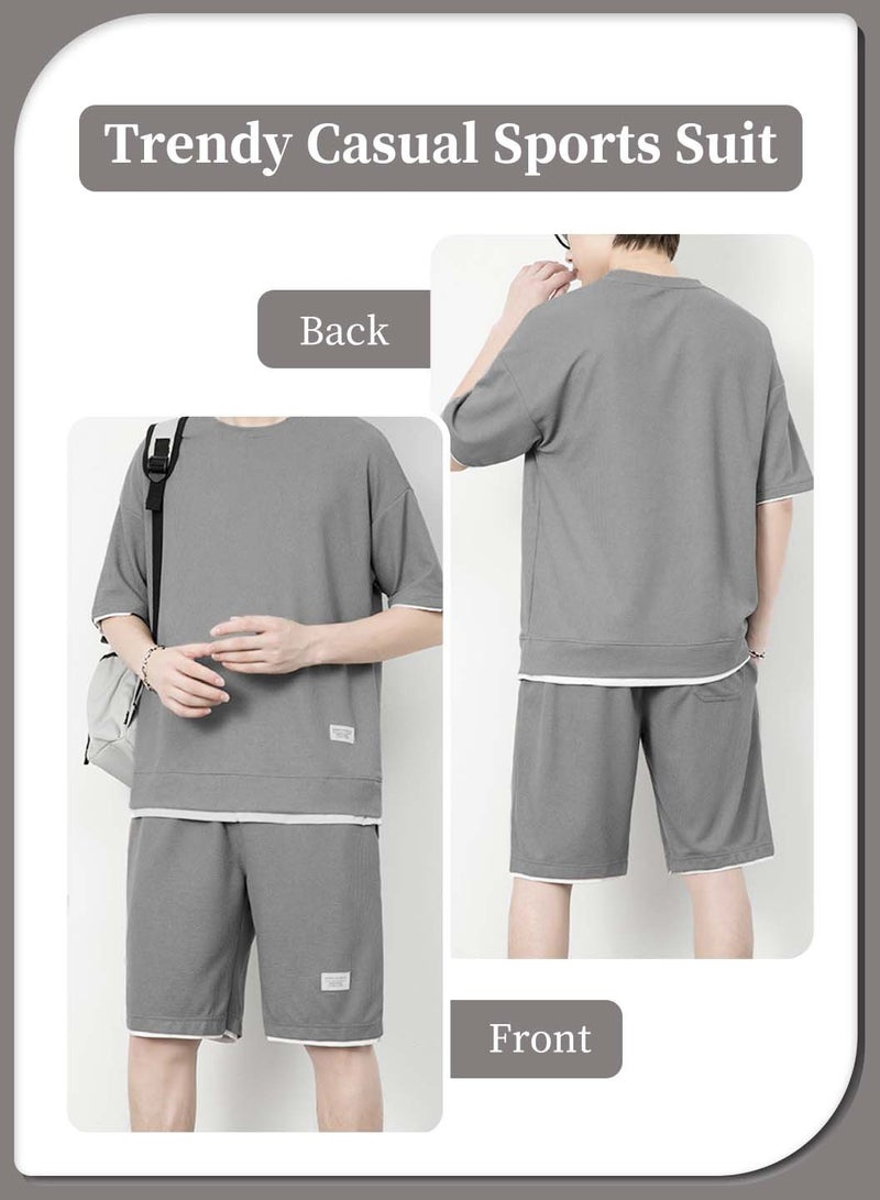 Moovant 2Pcs Men's Casual Short Sleeve Tracksuit, Summer T Shirt & Shorts Set, Waffle Sports Suit, Athletic Matching Set with Pockets, Clothes Set for Man, Grey  - Image 3