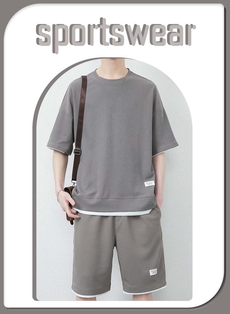 Moovant 2Pcs Men's Casual Short Sleeve Tracksuit, Summer T Shirt & Shorts Set, Waffle Sports Suit, Athletic Matching Set with Pockets, Clothes Set for Man, Grey  - Image 5