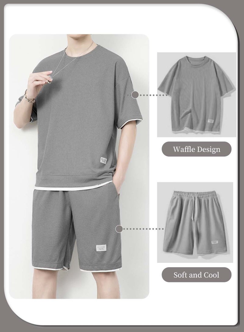 Moovant 2Pcs Men's Casual Short Sleeve Tracksuit, Summer T Shirt & Shorts Set, Waffle Sports Suit, Athletic Matching Set with Pockets, Clothes Set for Man, Grey  - Image 2