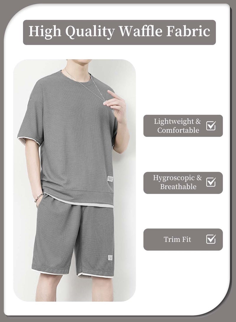 Moovant 2Pcs Men's Casual Short Sleeve Tracksuit, Summer T Shirt & Shorts Set, Waffle Sports Suit, Athletic Matching Set with Pockets, Clothes Set for Man, Grey  - Image 4