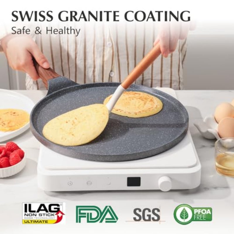 Nonstick Crepe Pan, Swiss Granite Coating Dosa Pan Pancake Flat Skillet Tawa Griddle 26-CM with Spreader, Induction Compatible, PFOA Free Grey - Image 2