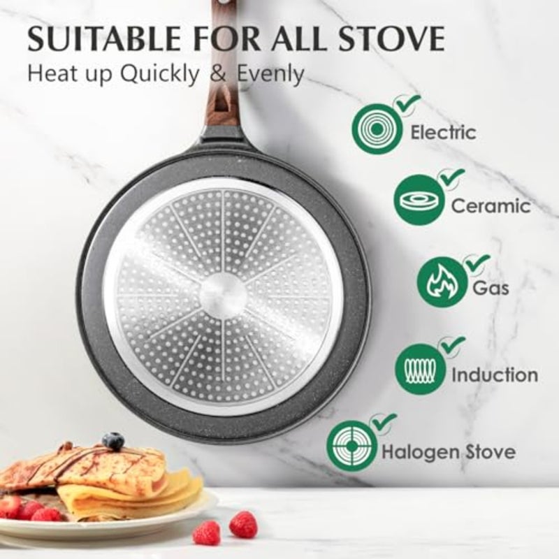 Nonstick Crepe Pan, Swiss Granite Coating Dosa Pan Pancake Flat Skillet Tawa Griddle 26-CM with Spreader, Induction Compatible, PFOA Free Grey - Image 4