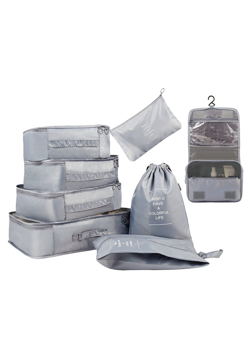 Travel Packing Cubes Set of 8 with Toiletry Bag and Shoe Bag, Made from Durable Waterproof Fabric for Organized Luggage - Gray Travel Accessories. - Image 1