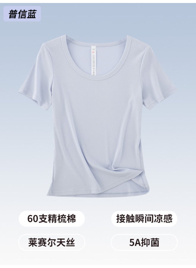 [ready Stock Customization] Tencel Short-sleeved Women's Summer Versatile U-neck Top Simple Slim Fit Cool Breathable T-shirt For Women